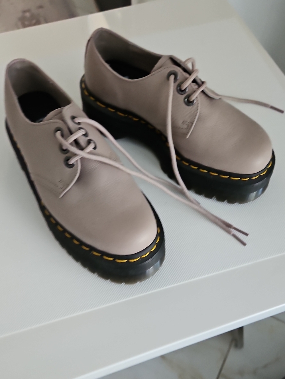 Dr. Martens Taupe Lace-Up Platform Shoes with Yellow Welt Stitching